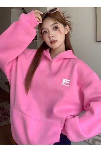 BYMEER Pembe Bravely Baskılı Oversize Sweatshirt