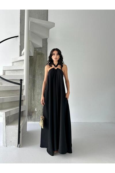 Serica Moda Siyah Boyun Bağlamalı Halka Detaylı Elbise