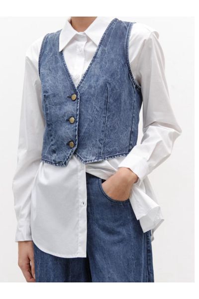 LUMİNA FASHİON Denim effect vest with V-neck, size S, blue color, LUMINA Fashion Italia