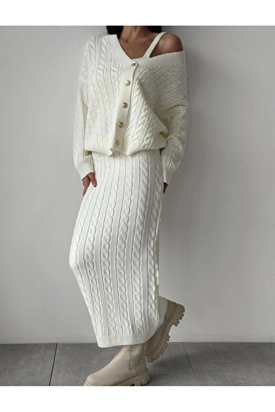 Lusin White Women's Knitwear Set - Crop Skirt and Cardigan with Hair Knit Detail