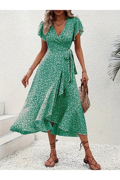 Kokosh moda Women's Short Sleeve Double Breasted Collar Patterned Single Jersey Dress