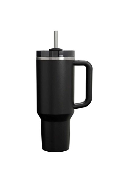 Elindor Thermos Mug, Stainless Steel, Double Wall Insulation, with Lid and Reusable Straw, Black