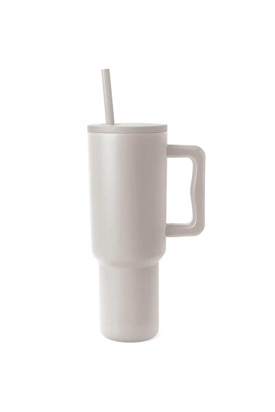 Elindor Thermos mug with handle and lid with straw, 1200 ml, double wall, heat-resistant, Beige