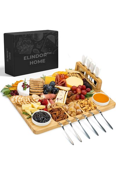 Elindor ® Bamboo Serving Platter Set, with Magnetic Holder, Cheese Knives