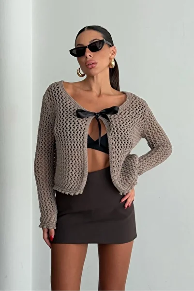 Noi Belis Ribbon Detailed Openwork Knitwear Cardigan Aw25Hi0007