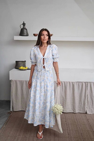 URİS Bluză kimono cu model de calitate premium pentru femei, cu fustă căptușită, set de două piese