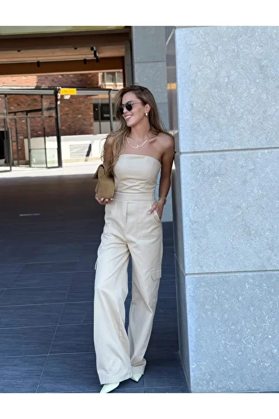 Le Savu Shilsee Women's Strapless Gabardine Jumpsuit Beige