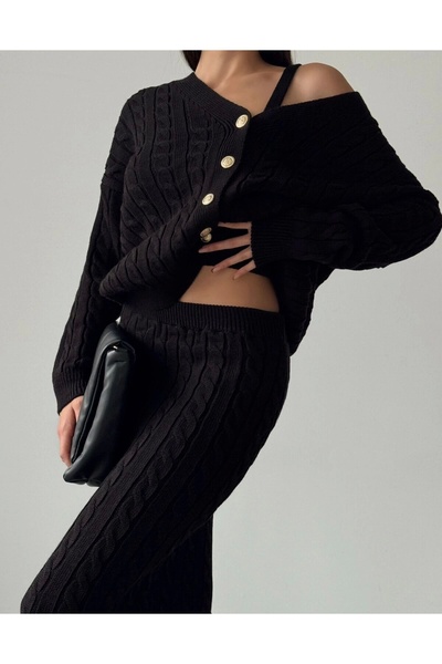 URİS Set de tricotaje triple cardigan cu împletitură de păr de damă - negru