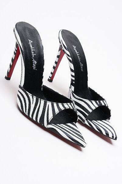 Ayakkabı Ateşi Women's Pointed Toe Thin Heeled Slippers Sona Zebra
