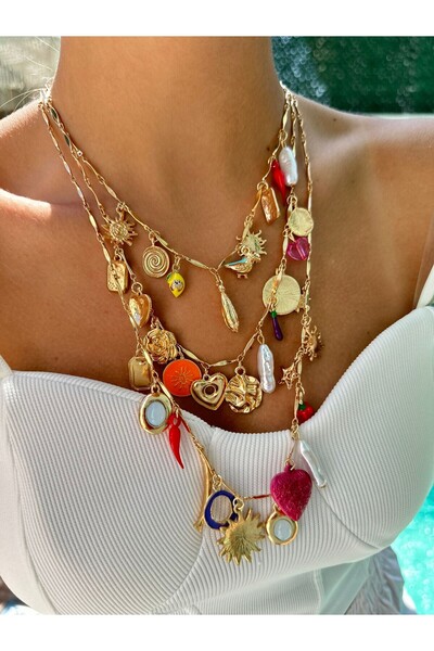 MyladyAccessoriess Güneş Ve Renkli Charm Detay 3 Sıra Kolye