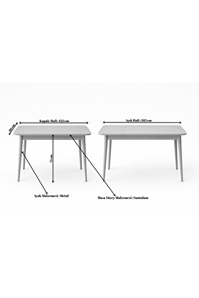 DENGEMA Milano Açılır Dikdörtgen Masa – Antrasit Gri, Siyah Ayak, 80×125 → 165 cm, 4–6 Kişilik (Sandalyesiz)