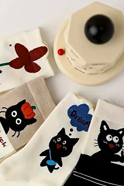 Hitit Socks Women's 4 Pairs Premium Quality Perfumed Cat Figured Socks 4 Seasons