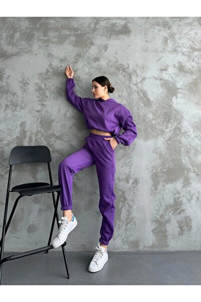 URİS Γυναικείο Σετ Φούτερ με Μωβ Κουκούλα επένδυση fleece Παντελόνια με 3 Κλω...