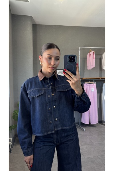 YOUR NAME Kadife Yaka Cep görünümlü Denim Ceket