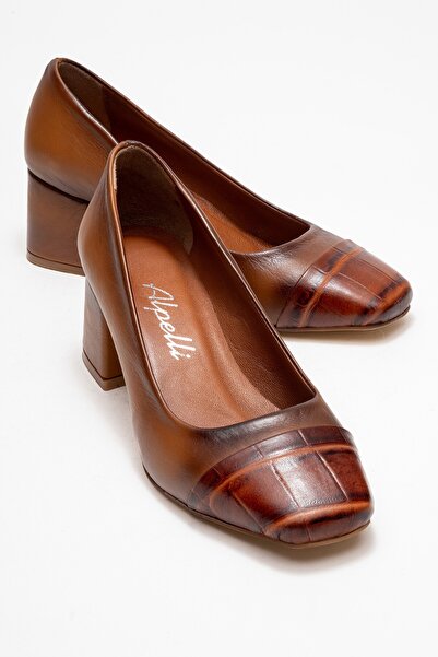 ALPELLİByAlp Women's Brown Patterned Genuine Leather Blunt Toe Special Design Daily Classic Heeled Shoes