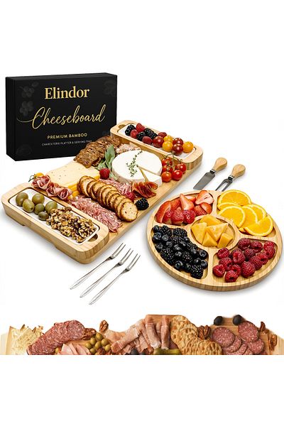Elindor ® Bamboo Serving Platter Set, with Round Tray, Cheese Knives, Ceramic Bowls and Forks