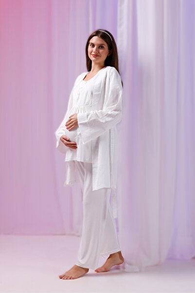 Pelin Women's Ecru Patterned Linen Maternity 3-Piece Pajama Set