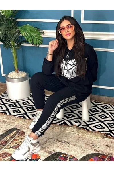 SWAN.AE Set, Geometric Print, Zipper Jacket with Pockets, Capuche, Pants, Crepe, Casual