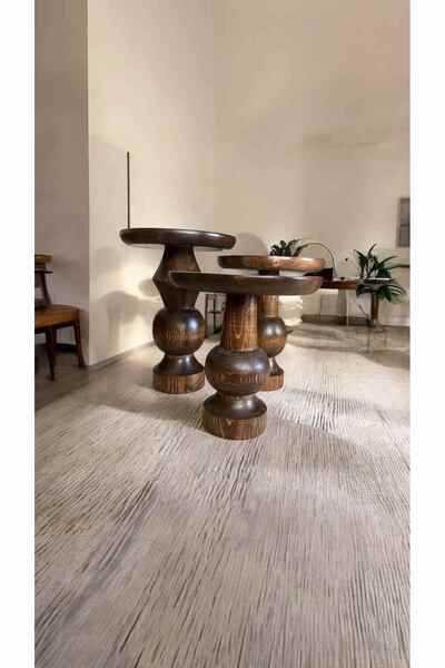 Simillo Home&Living Modern Ahşap Mantar Sehpa 3’lü Set – Ceviz Masif Doğal Fiskos ve Zigon Sehpa - Wooden Side Table
