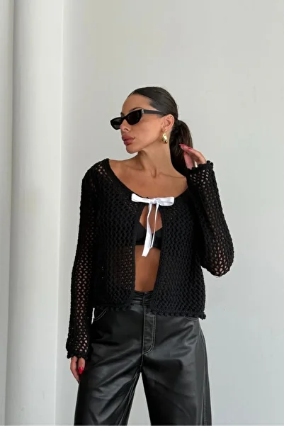 Noi Belis Ribbon Detailed Openwork Knitwear Cardigan Aw25Hi0007