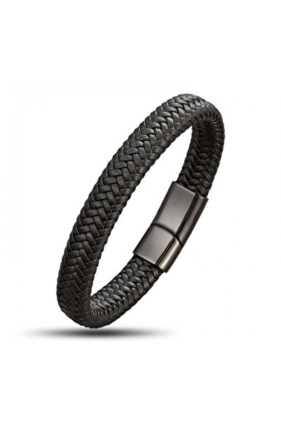 SeyCey.co Siyah Deri Örgü Çelik Bileklik