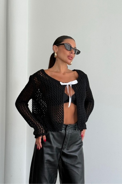 Noi Belis Ribbon Detailed Openwork Knitwear Cardigan Aw25Hi0007