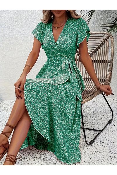 Kokosh moda Women's Short Sleeve Double Breasted Collar Patterned Single Jersey Dress
