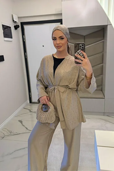 megapol giyim Women's Beige Stone Detailed Kimono Set