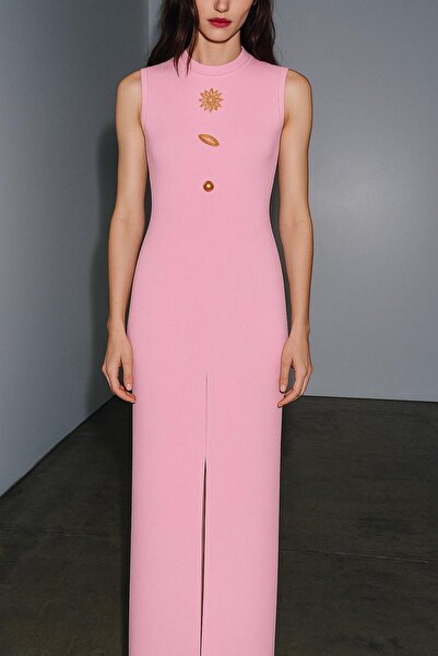 HAKKE Ottoman Fabric Long Pencil Dress with Accessory Detail and Front Slit