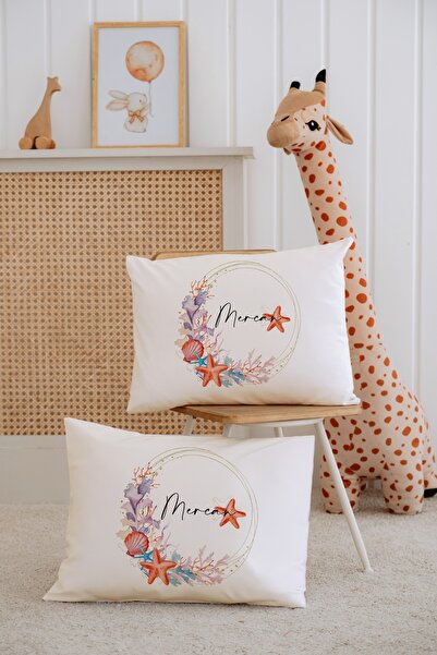 Lilabio %100 Pamuk İsme Özel 2li Ekru Bebek Yastık Kılıfı 35x45 cm-Deniz Yıldızı