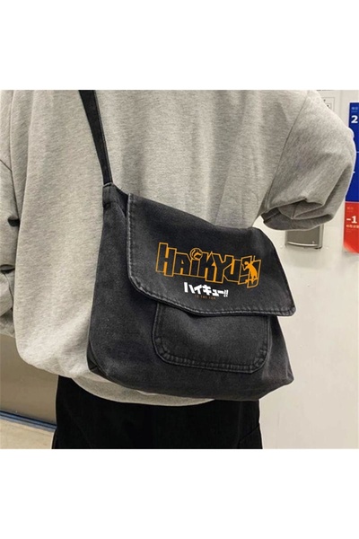 1blood Haikyuu Baskılı Vintage Unisex Gri Kot Postacı Çantası