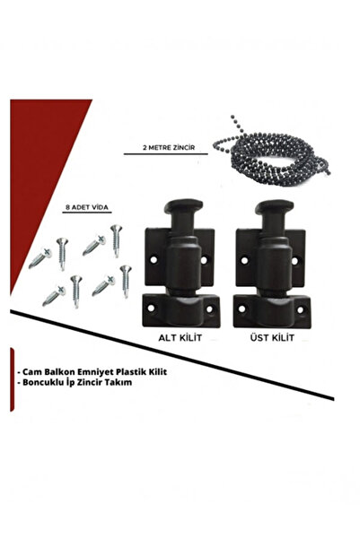 AYRINTISHOP Cam Balkon Emniyet Plastik Kilit - Boncuklu İp Zincir Takım Seti