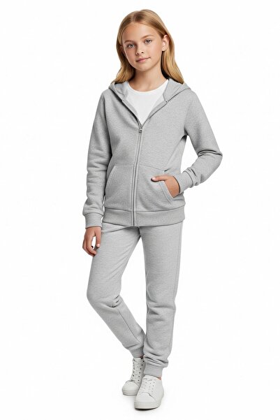 panios kids 2-Piece Zippered Kangaroo Pocket Hooded Solid Printless Girls Tracksuit Set