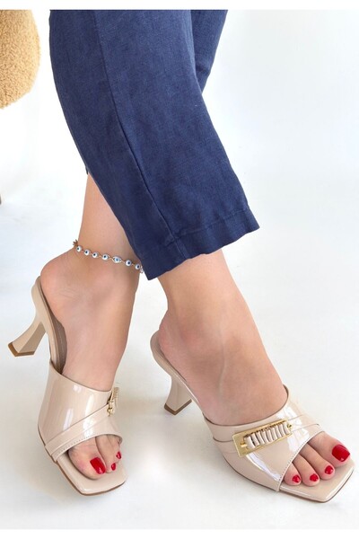 BESKAR Sief bej patent leather high heeled slippers