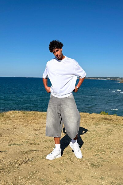 Flaw Wear Yıkamalı Çizgili Gri Kot Şort