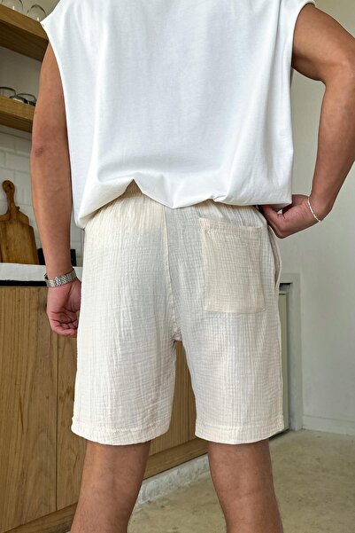 Flaw Wear Cream Muslin Fabric Elastic Waist Shorts
