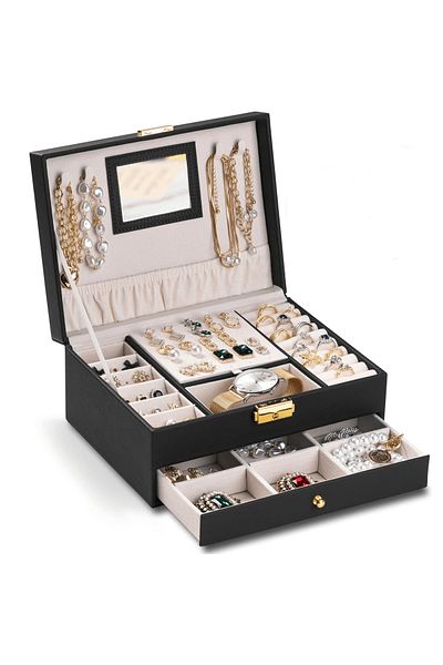 Elindor Jewelry Box with Key, 2 Tiers & Drawer, Velvet, Black Faux Leather, 23 x 17 x 10.5 cm