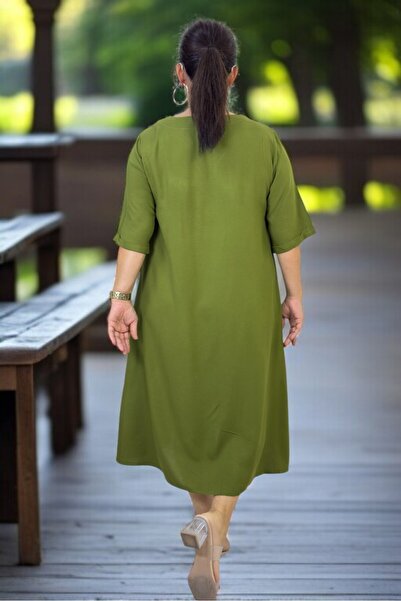 yagmurberen Halka Detail with Yandan Pocket, Short Sleeve, Single-Button, Short Sleeve, Cotton Viscose Plus Size Dress