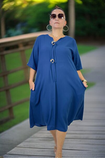 yagmurberen Halka Detail with Yandan Pocket, Short Sleeve, Single-Button, Short Sleeve, Cotton Viscose Plus Size Dress