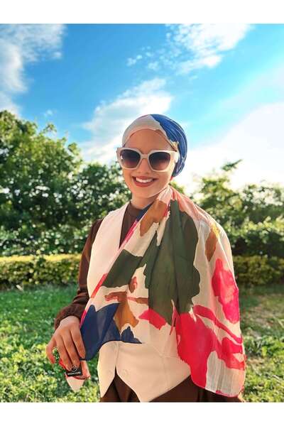 Modakaşmir Palette Pattern Bamboo Scarf - White - Fuchsia