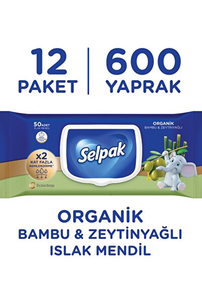 Selpak Organik Bambu Özlü & Organik Zeytinyağlı Islak Mendil 12'li 600 Yaprak