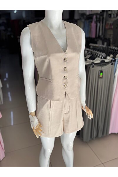 KAROL Bej Klasik Yelek Şort Takım