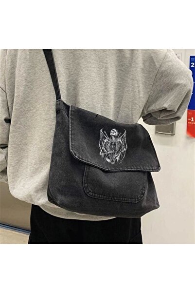 1blood حقيبة ساعي البريد من قماش الدنيم الرمادي المطبوع على شكل هيكل عظمي مجن...