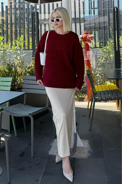 Madmext Burgundy Crew Neck Women's Boucle Sweater Mg2480