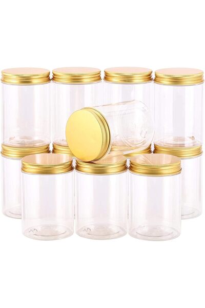 Alsaqer 12 Pieces 500 ml Empty Bottle Refillable Clear Plastic Jars with Gold Lids for Food Home Sto