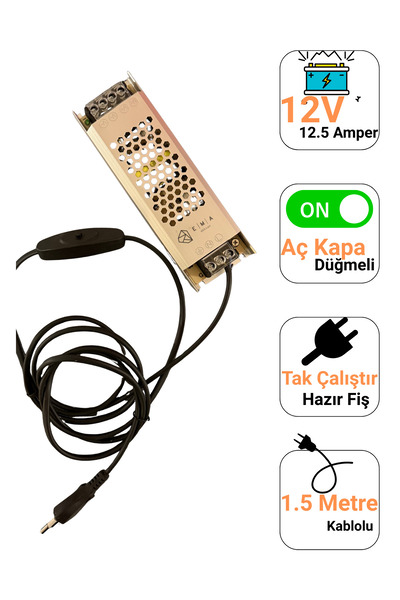 Ema Dükkan 12V 12.5A Ultra Slim LED Trafo Anahtarlı Fişli 150W İnce Kasa LED Sürücü Adaptör