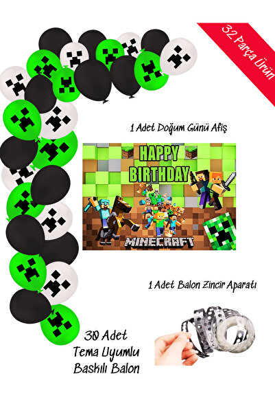 snowparty MiNecRaFt Balon Ve Afişli Doğum günü Parti Süsleri Zincir Balon Seti