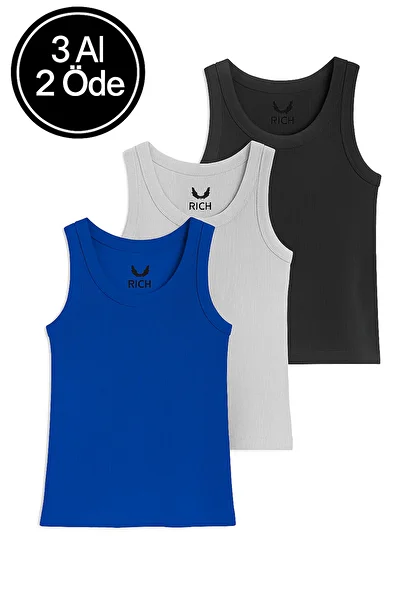 Rich Women's 3-Pack Anthracite-Grey-Saks Blue Zero Sleeve Camisole Body-Crew Neck 100% Cotton Tank Top Blouse