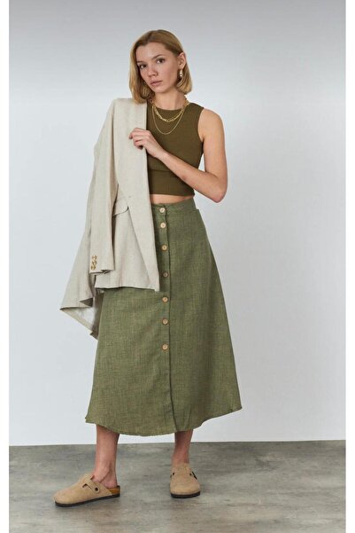 Green'DAL Fusta de in pentru femei cu nasturi