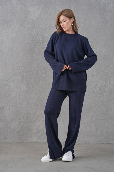 bayansepeti Navy Blue Flexible Knitwear Fabric Sweater and Pants Oversize Two-Piece Set with Slit Detail 1027